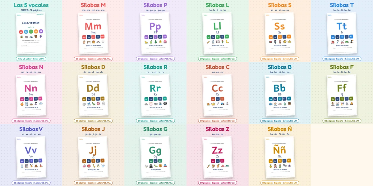 Portadas de las unidades de Silábika en orden de enseñanza: vocales, M, P, L, S, T, N, D, R, C, B, F, V, J, G, Z y Ñ
