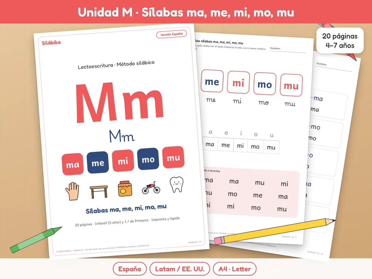 Cuaderno de la Unidad M de Silábika sobre una mesa