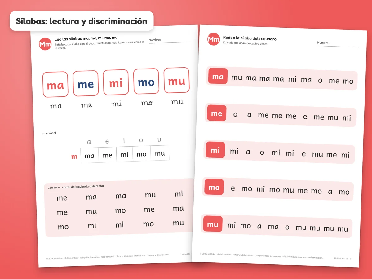 Fichas de la Unidad M de Silábika: lectura y discriminación de las sílabas ma, me, mi, mo, mu