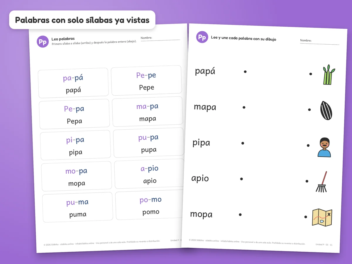 Fichas de la Unidad P de Silábika: palabras con solo sílabas ya vistas para leer y unir con su dibujo