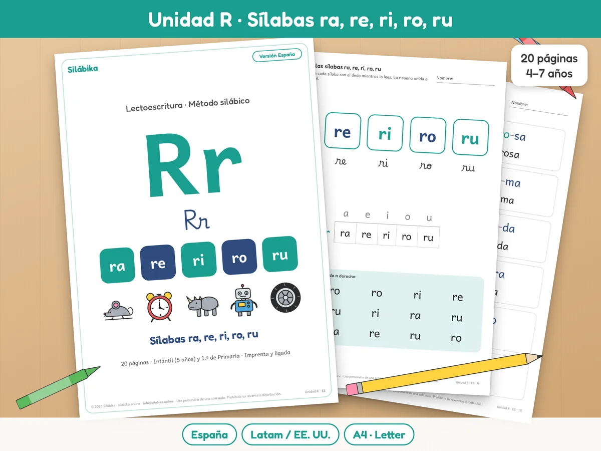 Cuaderno de la Unidad R de Silábika: sílabas ra, re, ri, ro, ru con r fuerte y r suave