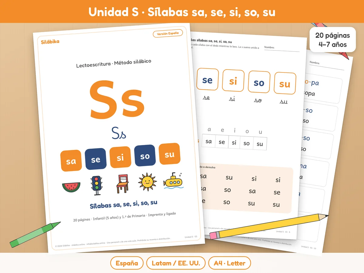 Cuaderno de fichas de la Unidad S de Silábika: sílabas sa, se, si, so, su