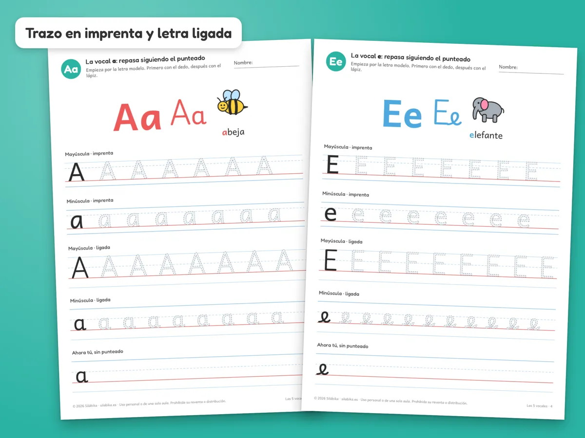 Páginas de trazo de las vocales a y e